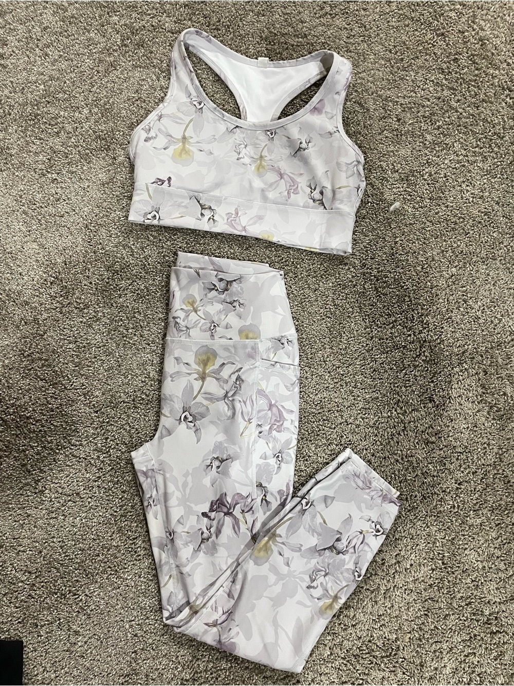 RBX White Active Sports Bra and Legging Set with Lavender Floral Print